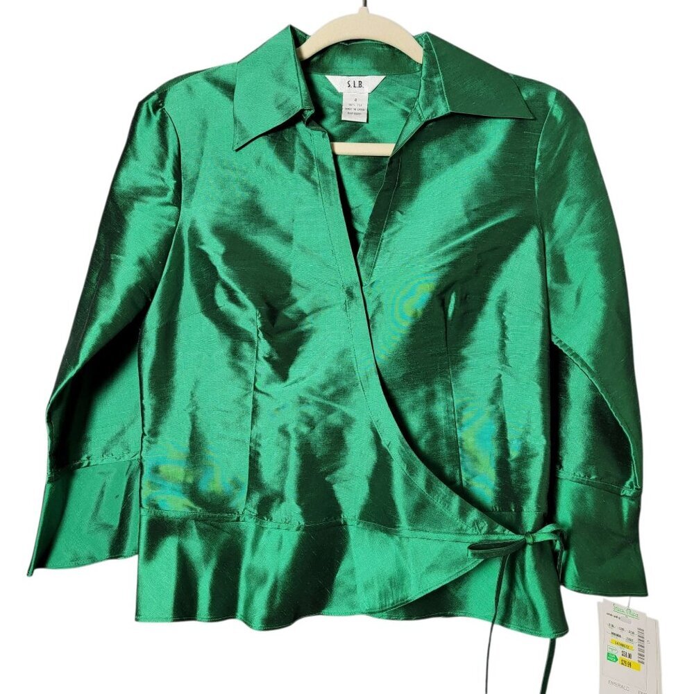 SLB Womens 100% Silk Green Y2K Cyber Metallic Party Retro Date Wrap Top Size 4
